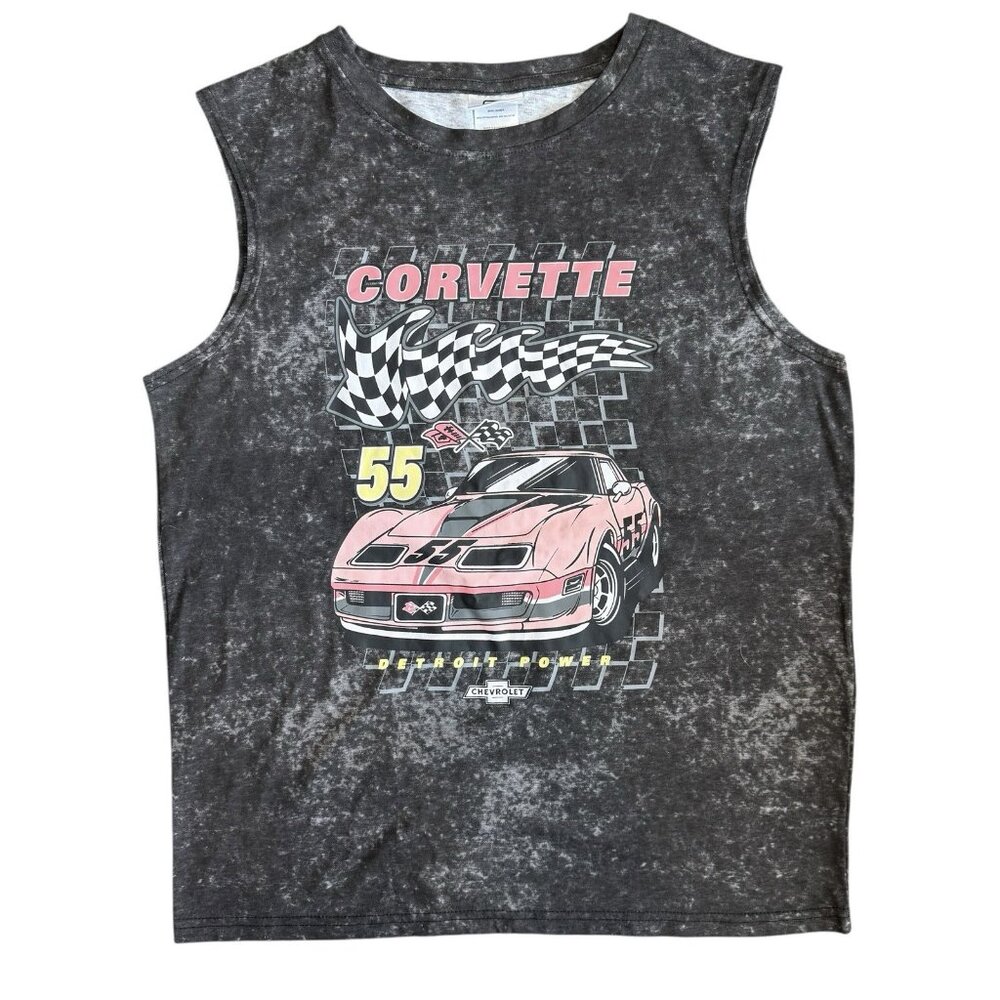 GM Corvette Graphic Tank Top Womens Medium General Motors Hybrid Apparel Gray